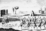 In this classically inspired image of Canadian Natives, the sick man is led over hot coals by two shamans while dancers perform.