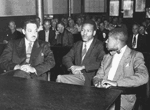 In 1949 Thurgood Marshall  (left foreground) defended two Groveland, Florida, men (to Marshall’s left) accused of raping a white woman.  The Supreme Court ultimately reversed their convictions, on the ground that blacks were systematically  excluded from the jury that convicted them. Marshall’s presence in courts across the nation educated  local people, black and white, about the legal rights of African Americans.