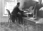Abraham Lincoln, shown here drafting the Emancipation Proclamation at the War Department telegraph office, penned a proclamation on the night of May 17, 1864, calling up fresh troops for service in the Wilderness campaign. 