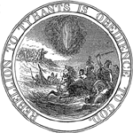 Benson Lossing’s mid-nineteenth-century rendering of Benjamin Franklin’s seal for the United States, proposed in 1776. The seal shows pharaoh’s army foundering as the freed Israelites look on from safety, suggesting the power of slavery in shaping Americans’ national image. If the design here depicted freedom as the result of divine will, more often early national print culture made freedom a result of Americans’ own agency, their virtuous resistance to tyranny.