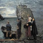 Economic Pressure (1936), by the Irish artist Se&aacute;n Keating, captures the bleak finality of farewell and departure, a central motif in modern Irish culture. In the Aran Islands, off Ireland’s Atlantic coast, a gaunt, immobile old man (center) stands bereft between two worlds—the barren land where he grew up and the world of promise where the younger man, pictured embracing a female relative, is headed. 