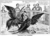 In this 1844 cartoon, the battling roosters are the presidential candidates Henry Clay and James K. Polk. With Polk injured, Clay appears headed for victory while Daniel Webster (far left), Martin Van Buren (center), and Andrew Jackson (second from right), among others, watch from ringside. 