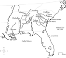 Locations of southeastern Indian nations on the eve of the Yamasee War, 1715 (with the eventual state boundaries).