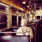 A life-size figure of Rosa Parks sits on a Montgomery, Alabama, city bus restored to look as it did in 1955, when Mrs. Parks refused to give up her seat to a white passenger. Her refusal helped mobilize the Montgomery bus boycott.