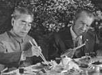 During his February 1972 trip to China, Richard M. Nixon (third from left) 
shares a banquet meal with Chinese premier Zhou Enlai (second from left) after discussions about Taiwan, Japan, the Soviet Union, and other issues.