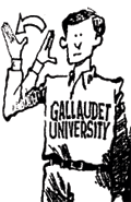 In response to a 1988 march on the U.S. Capitol demanding that Gallaudet University, which serves deaf students, hire a Deaf president, the cartoonist Mike Keefe depicted a Deaf man signing ‘We Shall Overcome.’