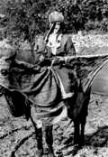 Photograph of a Tennessee Ku Klux Klan rider on horseback and in full regalia