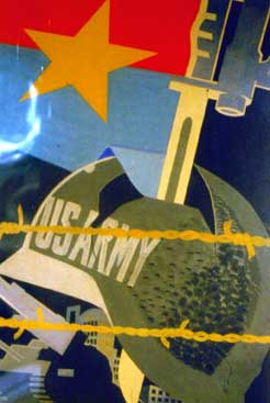 A poster in the War Museum in Hanoi, Vietnam, shows North Vietnamese artists' ongoing anger at the United States over the war and their sense of triumph at having defeated both the United States and China. The poster above was created by Huynh Van Gum and printed in 1965. The flag attached to the bayonet is the flag of the North Vietnamese National Liberation Front (NFL). The top half is red, representing Communism, and the bottom half is blue, the color of brotherhood, referring to the  NFL fighters' ties to their "brothers" in South Vietnam.