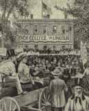 On October 7, 1858, Knox College, located in Galesburg, Illinois, hosted the fifth debate between Abraham Lincoln and Stephen Douglas. The candidates spoke from a platform which had been erected at the east end of the college, while excited crowds looked on, and as a banner proclaiming support for Lincoln stretched overhead.