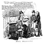 In David Claypoole Johnston’s satiric 1832 depiction of the challenges of burning coal, servants struggle to ignite the anthracite filling a fireplace grate as observers express skepticism. Affluent households could afford to experiment with switching from wood to coal, but scarce funds and the technical problems shown here made the transition difficult for poorer families. The cartoon’s title, “Anti Phlogistic,” referred to “phlogiston,” early chemists’ name for a mysterious substance they believed to be the source of heat.