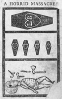 The cover of Stephen Mix Mitchell’s A Narrative of the Life of William Beadle, published in 1783 in Hartford, Connecticut, bore this woodcut of coffins marked with hearts, which represented Lydia Beadle and her children; below, William Beadle lay beside the knife, hatchet, and pistols he had used to slay his family and himself. Mitchell, who served as a judge, a representative to the Connecticut General Assembly, and a delegate to the Continental Congress, penned the fullest account of William Beadle’s life and death, in which he emphasized Beadle’s business troubles.