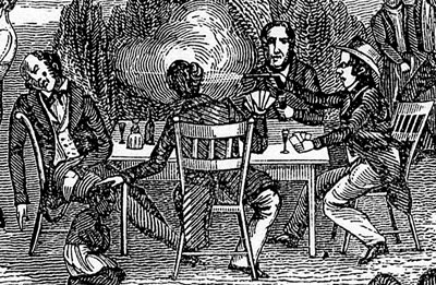 This illustration, published in the Anti-Slavery Almanac for 1840, displays many Americans’ interpretation of the 1835 hangings in Vicksburg, Mississippi. The event especially resonated with abolitionists, who folded it into their critique of the violence they found endemic in southern slave society. Condemnation of the Vicksburg mob, however, was widespread, even though there was also widespread agreement that an upstanding populace should not tolerate professional gamblers.