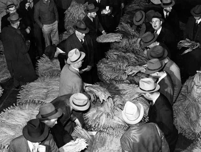 Auctioneer, buyers, and farmers during tobacco auction sale. Warehouse. Durham, North Carolina, November 1939. Photo by Marion Post Wolcott. Courtesy Library of Congress, Prints and Photographs Division, FSA/OWI Collection, LC-USF34-52790.
