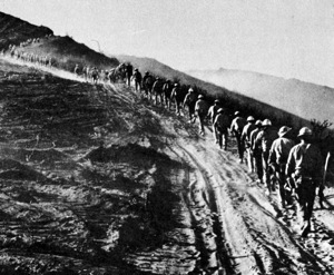 Along a ridge in the Los Padres National Forest north of Santa Barbara, conservation camp inmates march behind their forestry foremen toward a brush fire that charred over 24,000 acres in June 1966. Suggesting both military discipline and service, the California Department of Corrections praised these “specially trained and conditioned” prisoners for attacking the fire “like soldiers [in] battle.” Reprinted from California Department of Corrections, Biennial Report: Correctional Progress, 1965, 1966 (Sacramento, 1966), cover. Courtesy California Department of Corrections and Rehabilitation.