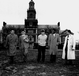 Students from Iran, Jordan, Norway, Somalia, and Jamaica pose for publicity materials in front of Founders Library on the Howard University campus in 1957.  These students represented five of the thirty-nine countries with students attending Howard, though the bulk of foreign students then at Howard, Lincoln, and other black colleges and universities came from Africa and the Caribbean. Courtesy National Archives, Records of the United States Information Agency.