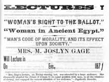 This Matilda Joslyn Gage lecture flyer from 1871 advertises three different lecture topics and provides favorable press blurbs from some of her previous engagements. Matilda Joslyn Gage Scrapbooks, vol. 2. Courtesy Rare Book and Special Collections Division, Library of Congress.