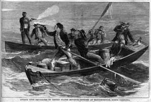 U.S. Custom Service officials were a quasi-military force. This 1867 illustration depicts federal revenue agents in North Carolina exchanging fire with smugglers, who subsequently drowned when their boat capsized.