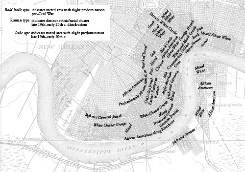 Ethnic geography map of New Orleans c. 1850 to c. 1910.