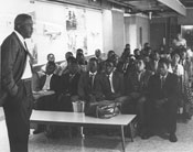 The baseball legend Jackie Robinson, who backed efforts to bring African students to the United States, greets the first “African Airlift” arrivals in New York in September 1959.